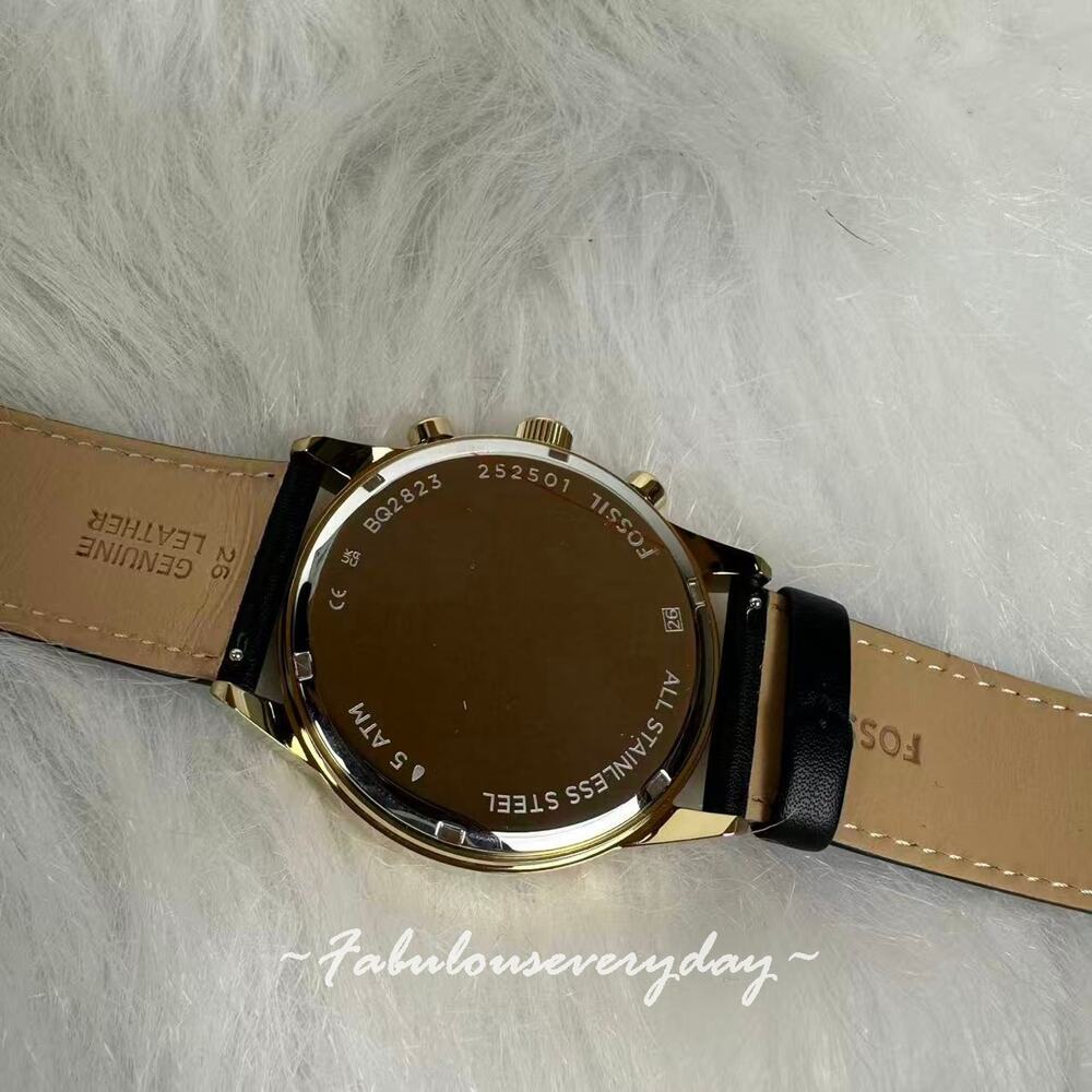 FOSSIL Men's Flynn Chronograph Black Leather Watch 48mm Black/Gold BQ2823 NWT - Picture 4 of 7